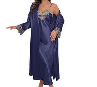 Womens Lace Dressing Gown 2 Piece Pajamas Satin Nightwear Sets Sleepwear Long Robe Jacket Open Front Coat and Spaghetti Straps Nightdress Long Sleeve Loungewear Morning Robes Casual Home Wear