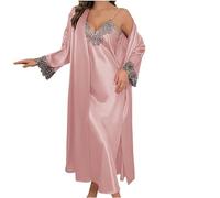 Womens Lace Dressing Gown 2 Piece Pajamas Satin Nightwear Sets Sleepwear Long Robe Jacket Open Front Coat and Spaghetti Straps Nightdress Long Sleeve Loungewear Morning Robes Casual Home Wear