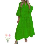 Womens Lace Eyelet Embroidery Maxi Dress, 3/4 Trumpet Sleeve Button Hollow Tiered Swing Long Dress V-Neck Flowy Dresses (Green,S)