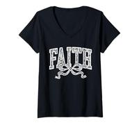Womens Lace Faith Coquette Bow Christian Religious Women Girl V-Neck T-Shirt
