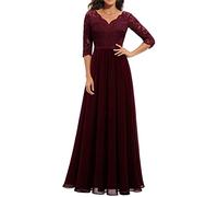 Women's Lace Formal Dress Mother of The Bride Dress 3/4 Sleeve Wedding Guest Dress Maxi Evening Gown (Wine Red, M)