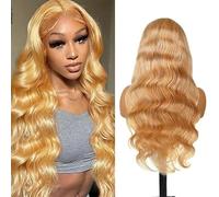 Women's lace front wig, human hair, 20 inches, 13x6 high-definition transparent wave curls,gold
