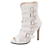 Women's Lace High Heel Ankle Boots Stiletto Heel Buckle Strap Open Toe Statement Booties Fashion Dress Heels for Club Nights & Special Occasions,White,7 UK