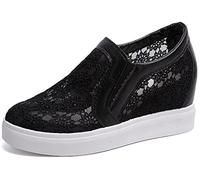 Women's Lace Hollow Canvas Loafers Fashion Slip-Ons Round Toe Low Top Lightweight Mesh Breathable Trainers Summer Non Slip Walking Sneakers Comfortable Height Increasing Shoes(Black,5.5 UK)