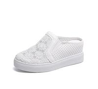 Women's Lace Hollow Canvas Loafers Fashion Slip-Ons Round Toe Low Top Lightweight Mesh Breathable Trainers Summer Non Slip Walking Sneakers Comfortable Height Increasing Shoes(Half Pack White,4.5 UK)