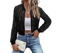 Women's Lace Jackets Stand Collar Zip Up Mesh Sheer Bomber Jacket Fashion See Through Floral Crochet Top Spring Summer Lightweight Crop Flight Outwear Coats Black M