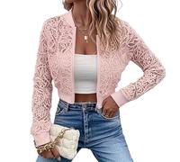 Women's Lace Jackets Stand Collar Zip Up Mesh Sheer Bomber Jacket Fashion See Through Floral Crochet Top Spring Summer Lightweight Crop Flight Outwear Coats Pink S