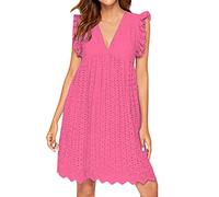 Women's Lace Jacquard Cutout Pocket Liner Shorts with V-Neck and Plus Size Dress Women's Summer Mini Dress Sexy, Hot Pink, M