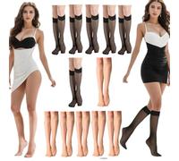 Women's Lace Knee High Stockings, 12Pairs Women's Fishnet Stockings Hollow Black White Calf Socks Sexy Silk Stockings Knee High Tight, Womens Nylon Women Pop Socks for Women Lady Gril UK Size 4-7