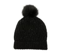 Women's Lace Knit Bobble Hat with Marl Yarn and Faux Fur Pom Pom - BLACK / ONE
