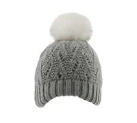 Women's Lace Knit Bobble Hat with Marl Yarn and Faux Fur Pom Pom - DOVE GREY / ONE
