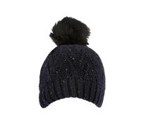 Women's Lace Knit Bobble Hat with Marl Yarn and Faux Fur Pom Pom - NAVY / ONE