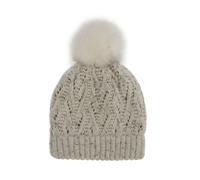 Women's Lace Knit Bobble Hat with Marl Yarn and Faux Fur Pom Pom - WINTER WHITE / ONE