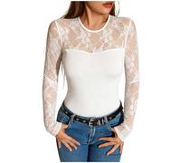Women's Lace Long Sleeve Top Round Neck Sheer Mesh Fitted Casual Blouse | Sheer Lace Panel Long Sleeve Top with Sweetheart Bust Detail, Form-Fitting Cut for Casual Days and Evening Outings.