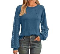 Women's Lace Long Sleeve Tops Crew Neck Shirt Loose Casual Blouse for Women UK Party Wear Ladies Blouses Women's Deals Today Blue