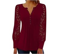 Womens Lace Long Sleeve Tops Ladies V Neck Button Down Shirt Long Sleeve Blouses for Women UK Solid Pleated Front T Shirts Loose Casual Blouse Top Party Wear Elegant Blouses Tunic Tops Red