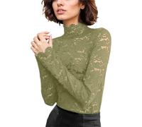 Women's Lace Mesh Top Long Sleeve Classic Shirt Half Turtle Neck Tshirt Sexy Sheer Blouse Floral Embroidery Tops Ladies See-Through Tunic Blouse Fashion Tight Shirts for Club Party 2026 Green