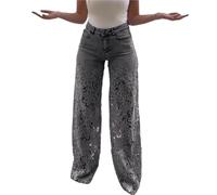 Women's Lace Patchwork Hollow Jeans,Y2k Causal High Waisted Baggy Straight Wide Leg Trendy Ripped Jeans(Gray,M)