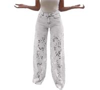 Women's Lace Patchwork Hollow Jeans,Y2k Causal High Waisted Baggy Straight Wide Leg Trendy Ripped Jeans(White,M)