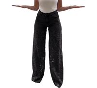 Women's Lace Patchwork Hollow Jeans,Y2k Causal High Waisted Baggy Straight Wide Leg Trendy Ripped Jeans(Black,XL)