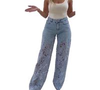 Women's Lace Patchwork Hollow Jeans,Y2k Causal High Waisted Baggy Straight Wide Leg Trendy Ripped Jeans(Light Blue,XXL)