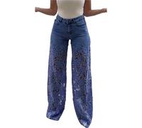 Women's Lace Patchwork Hollow Jeans,Y2k Causal High Waisted Baggy Straight Wide Leg Trendy Ripped Jeans(Blue,S)
