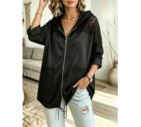 Women's Lace Patchwork Hooded Casual Jacket Full Zip Coat with Pockets | Plus Size Chic Lace-splice Hooded Casual Jacket with Full-zip Closure Lace-decorated Pockets and Drawstring Hem