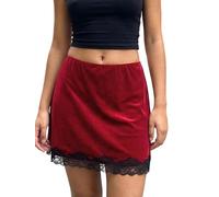 Women's Lace Patchwork Mini Skirt Elastic Waist Velvet Bodycon Skirts Elegant Going Out Short Skirts Streetwear (A-Red, XL)