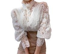 Women's Lace Pleat Bib Button Down Blouse Blouse for Women UK Tunic Shirts Ruffle 3/4 Sleeve Tops Steampunk Clothes Women Women's Blouses Lace Long White, XL