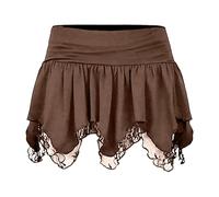 Women's Lace Short Skirt Sexy Solid Low Waist Patchwork Flowy Ruffle Pleated Mini Skirts Streetwear Gothic Coffee Table Cloth, brown, S