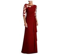 Women's Lace Sleeve Floor Length Evening Dress Elegant Scoop Neck Floral Lace Formal Wedding Maxi Dress Mermaid Dress A Line Mother of The Bridal Dress Evening Cocktail Dresses UK Clearance Wine