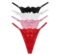 Women's Lace T-Back Thongs 4 Pack Low Rise Floral Knickers with Bow Breathable G-String Sexy V-Shape Design Lightweight Tanga Briefs Underwear (UK, Alpha, S, Regular, Regular, Black+White+Red+Pink)
