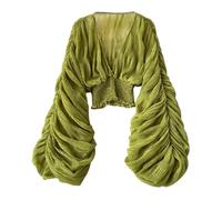 Women's Lace Tops Puff Long Sleeve V-Neck Casual Blouses Shirts Hollow Out Button Down Tunic Blouses Fashion Chiffon Top Sexy Ruffle Long Sleeve Summer Lace Tops 2024 Puff Flare Shirt, O Green, One