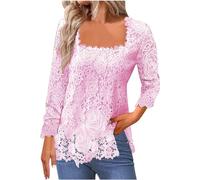Womens Lace Tops Square Neck Blosue Floral Elegant Shirt Party Tunic Tops Solid Color Dressy Shirts Ladies Blouses 3/4 Sleeve Tshirts Spring Summer Tees Trendy Clothes Streetwear