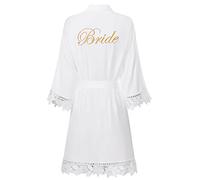 Women's Lace Trim Bride Bridesmaid Robes Silk Like Bridal Party Robes for Wedding Robes, Embroidered Satin Kimono, Bride-lace White, Onesize Plus