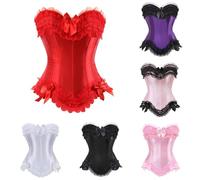 Womens Lace Trim Corset UK Clearance Basque Gothic Bustier Boned Satin Overbust Corset Top Waist Training Push Up Shapewear Body Shaper Medieval Goth Steampunk Shape Wear Sexy Tops Renaissance Tunic