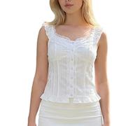 Women's Lace Trim Ruffle Hem Cami Top Square Neck Button Down Corset Tank Tops Y2K Cottagecore Slim Fit Vest Casual Wear (A-White, L)