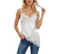 Womens Lace Trim Satin Cami Tops V Neck Spaghetti Strap Vest Ladies Asymmetrical Camisole Top Elegant Sleeveless Blouses Lace Patchwork Tank Top Summer Casual Comfort Layering Vest Blouse