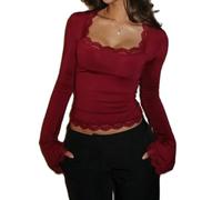 Women's Lace Trim Square Neck T Shirt Y2K Long Bell Sleeve Slim Fit Basic Crop Tops Blouse Fairy Aesthetic Tee Shirts Streetwear (A-Red, L)