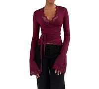 Women's Lace Trim Square Neck T Shirt Y2K Long Bell Sleeve Slim Fit Basic Crop Tops Blouse Fairy Aesthetic Tee Shirts Streetwear (D-Claret, M)