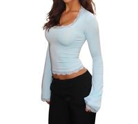 Women's Lace Trim Square Neck T Shirt Y2K Long Bell Sleeve Slim Fit Basic Crop Tops Blouse Fairy Aesthetic Tee Shirts Streetwear (A-Sky Blue, S)