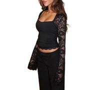 Women's Lace Trim Square Neck T Shirt Y2K Long Flare Cuff Sleeve Basic Tops Elegant Slim Fit Blouse Aesthetic Tee Shirts (B-Black, XL)