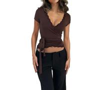 Women's Lace Trim Wrap Top T-Shirt Y2K Short Sleeve Deep V Neck Going Out Tee Tops Slim Fit Fairy Workout Blouse (Dark Brown, S)