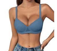 Women's Lace Trimmed Underwire Bra Seamless Push Up Demi Coverage Bralette Non Wired Full Coverage Back Lace Smooth Wireless Bralettes T Shirt Soft Comfort Support Bras Blue