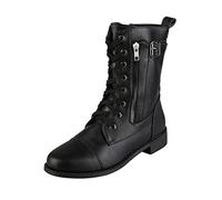 Womens Lace Up Biker Boots Ladies Zippers Grip Sole Faux Leather Low Block Heels Knight Boots Casual Combat Booties Mid Calf Motorcycle Boots UK Size 4.5-7 Black
