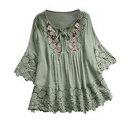 Womens Lace Up Bohemian Linen Shirt Tunic Boho Peasant 3/4 Sleeve Floral Graphic Embroidered Tops Summer Indian Ruffle Front Blouses for Older Women Club Loose Fitting Gauze Spring Green