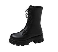 Women's Lace-up Combat Boots with Zip - Ankle, Block Heel, Tactical, Military, Winter, Safety, Hiking, Platform, Black, 8.5 UK