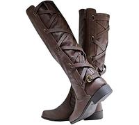 Womens Lace Up Knee High Boots Motorcycle Riding Flat Low Heels Strappy Winter Combat Boots, Dark Brown, 5.5 UK
