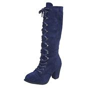 Women's Lace up Knee High Boots with Block Heel, Retro Gothic Style Tall Boots for Women, Round Toe Heeled Booties, Suede Look Upper, Cushioned Insole, Non-slip Sole, Side Zip Closure