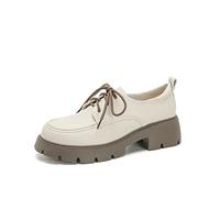 Women's Lace-up Leatehr Shoes Mid Block Heel Shoes Girls Chunky Heel Platform Shoes (Color : White, Size : 5.5 UK)